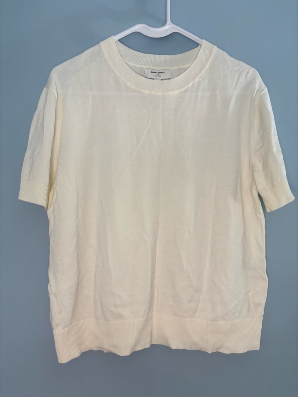 Banana Republic Forever Sweater Short Sleeve Knit Top Ribbed Detail Medium Ivory